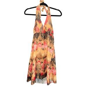 Boho bohemian chic Womens Ingear Yellow Pink halter top flowy Dress y2k airy vtg